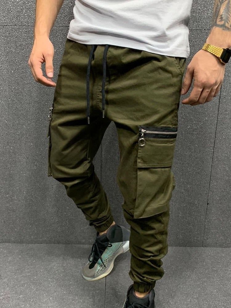 Cargo Pants Pocket Pencil Byxor Vanliga Mid Midja Män Casual Byxor