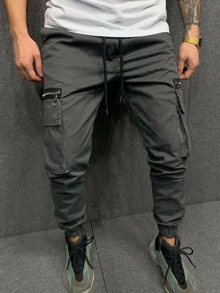 Cargo Pants Pocket Pencil Byxor Vanliga Mid Midja Män Casual Byxor