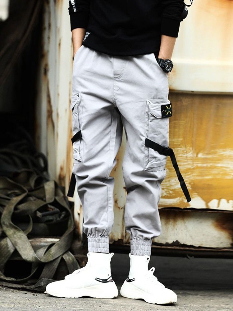 Cargo Pants Pocket Plain Mid Waist Herr Casual Byxor