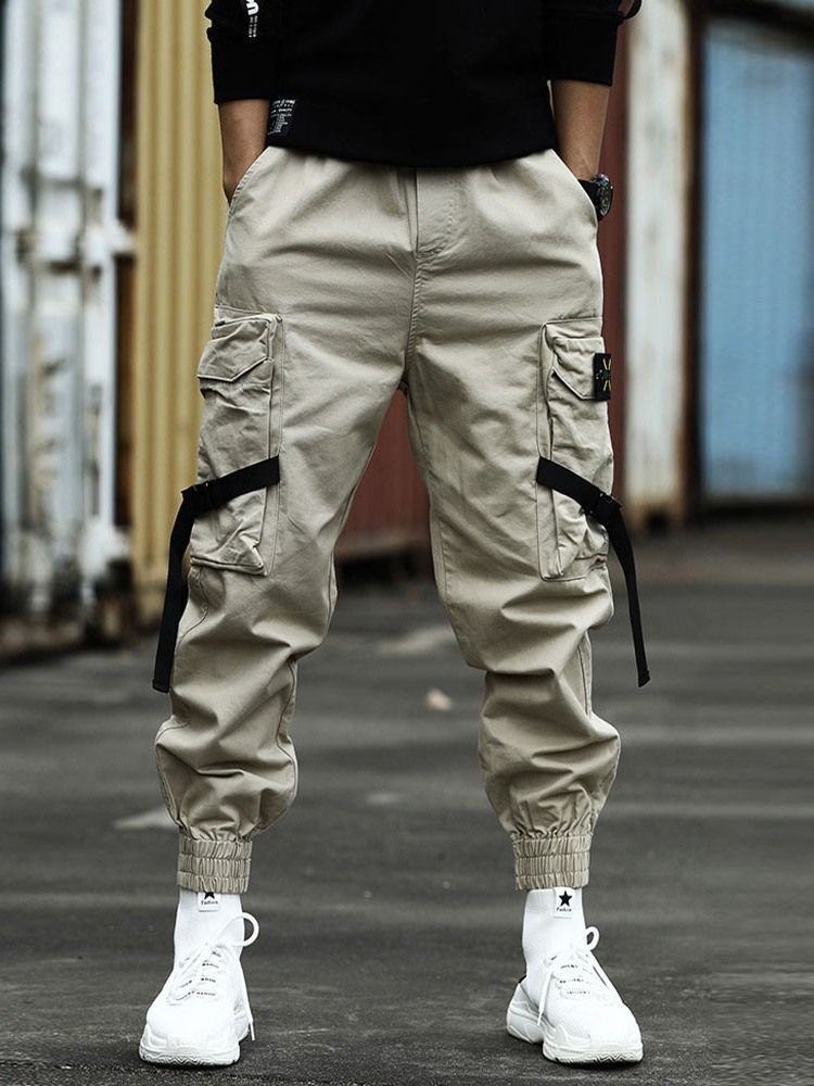 Cargo Pants Pocket Plain Mid Waist Herr Casual Byxor