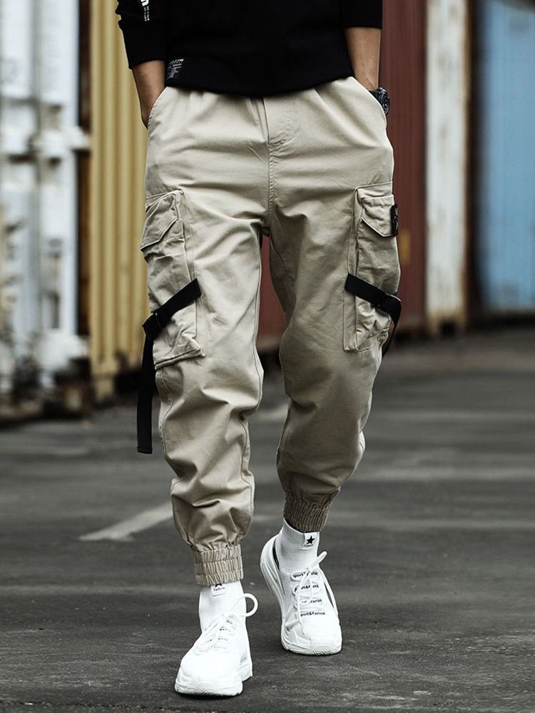 Cargo Pants Pocket Plain Mid Waist Herr Casual Byxor