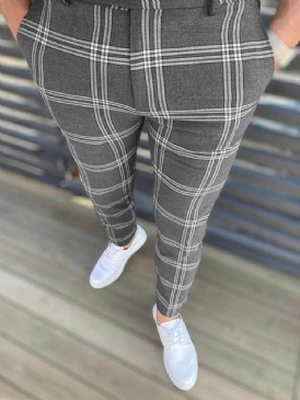 Pencil Pants Rutig Dragkedja Europeiska Mäns Casual Byxor