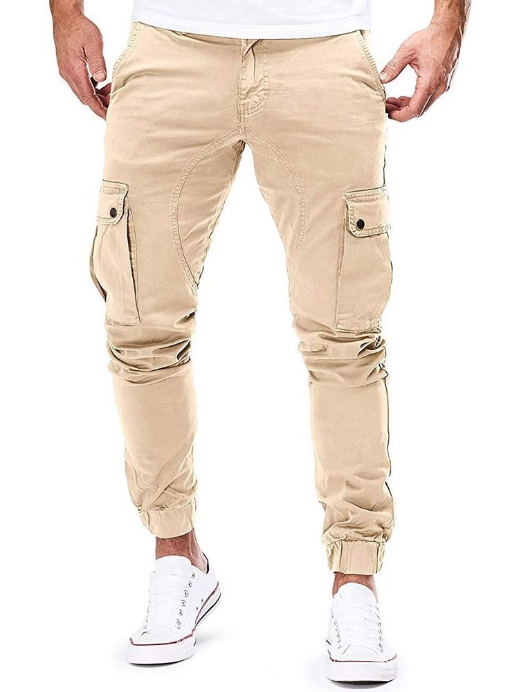 Plain Pocket Fashion Mid Waist Casual Herrbyxor