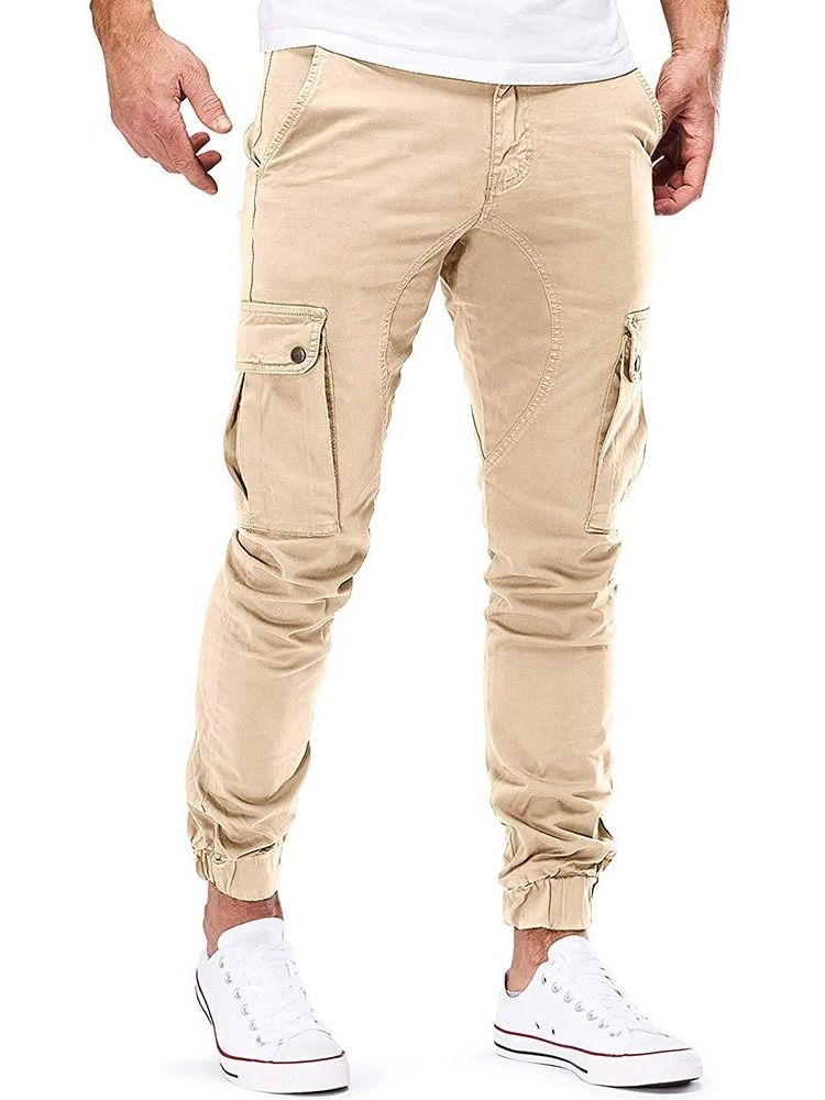 Plain Pocket Fashion Mid Waist Casual Herrbyxor