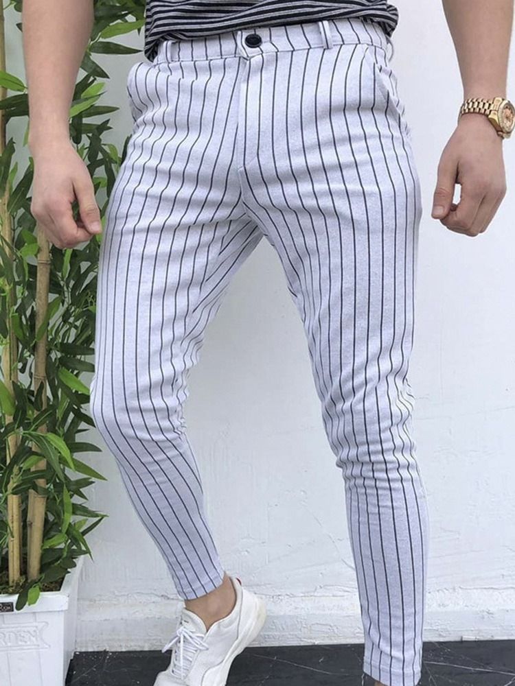 Stripe Pencil Pants Ficka Casual Mid Waist Herr Casual Byxor