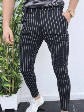 Stripe Pencil Pants Ficka Casual Mid Waist Herr Casual Byxor