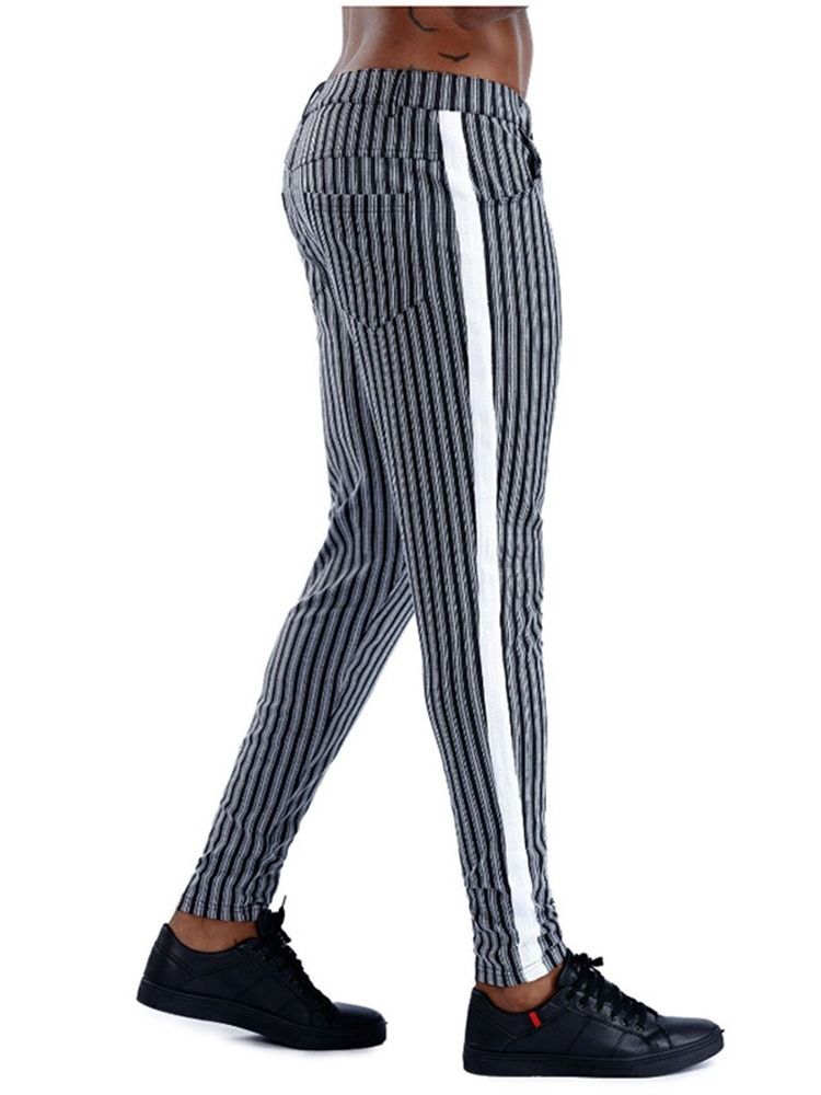 Stripe Pocket Pencil Pants Dragkedja Mid Waist Herr Casual Byxor