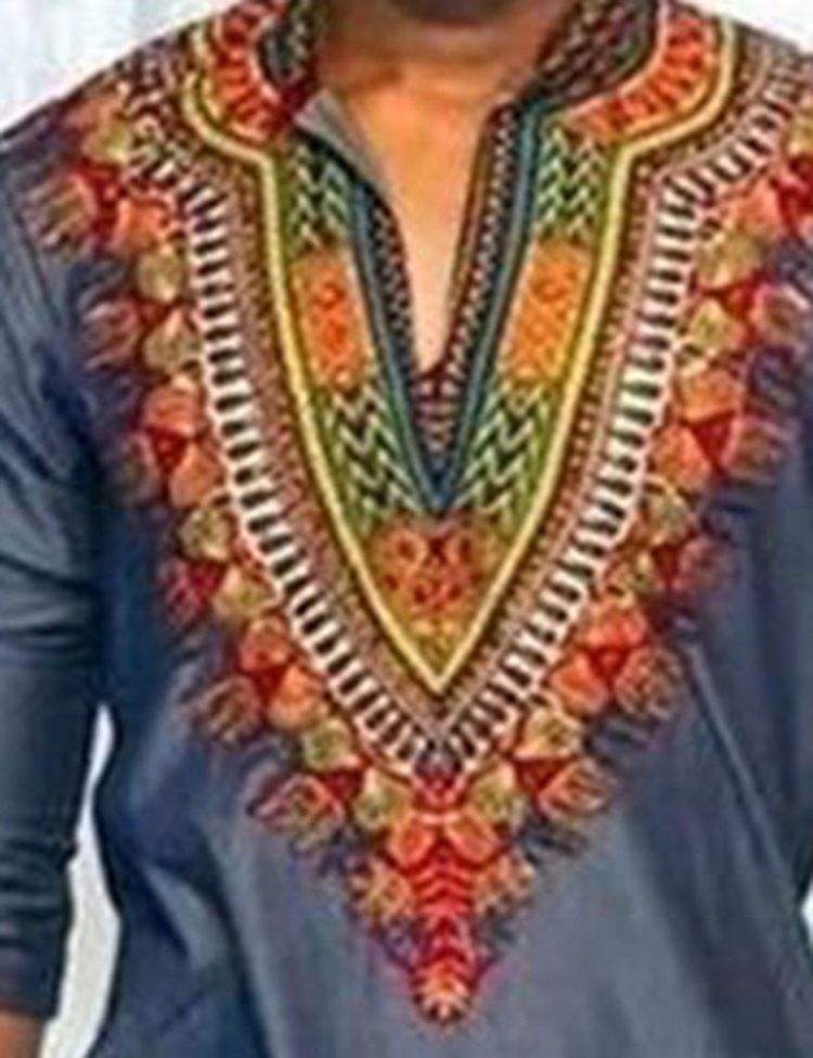 Afrikanskt Mode Dashiki Print Color Block V-Hals Slim T-Shirt För Män