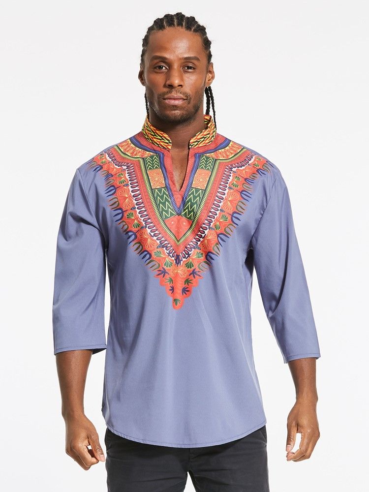 Afrikanskt Mode Dashiki Print Color Block V-Hals Slim T-Shirt För Män