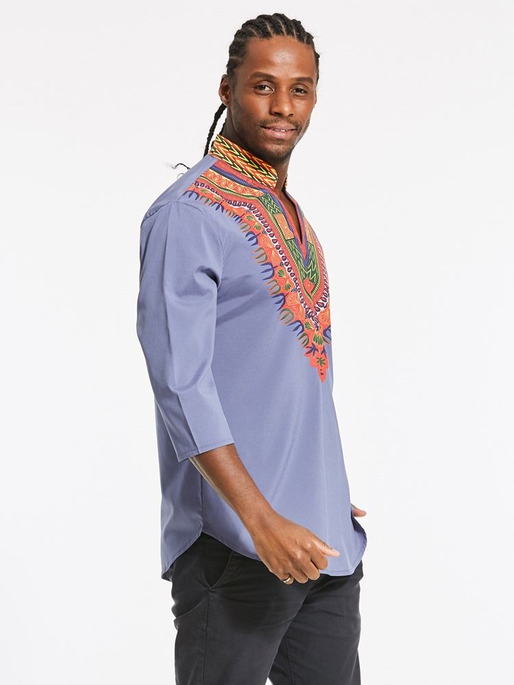 Afrikanskt Mode Dashiki Print Color Block V-Hals Slim T-Shirt För Män