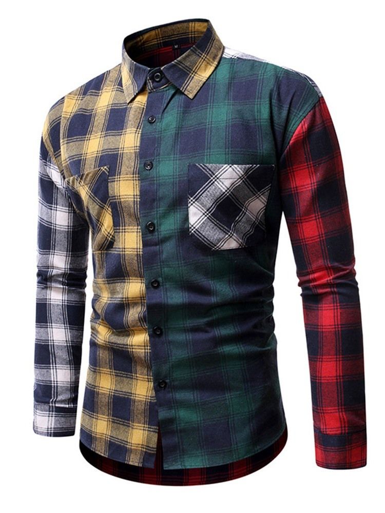 Casual Rutig Patchwork Slim Shirt För Män