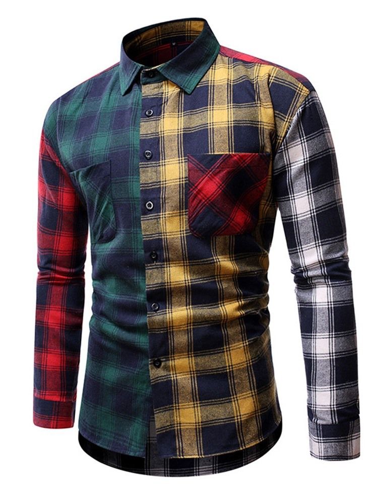 Casual Rutig Patchwork Slim Shirt För Män