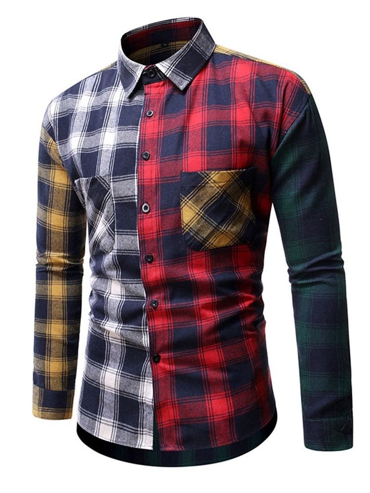 Casual Rutig Patchwork Slim Shirt För Män