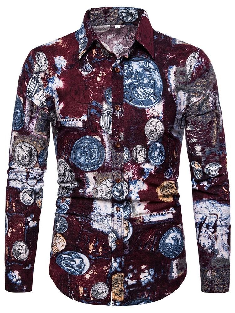 European Print Lapel Slim Spring Shirt För Män