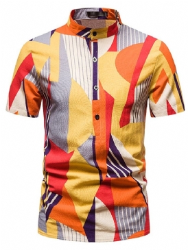 European Print Stand Collar Rak Sommar Shirt