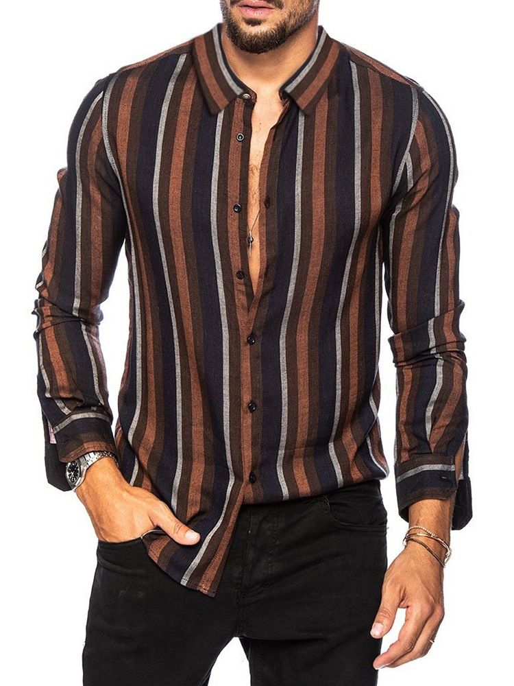 Lapel Stripe Print Enkelknäppt Casual Slim Shirt