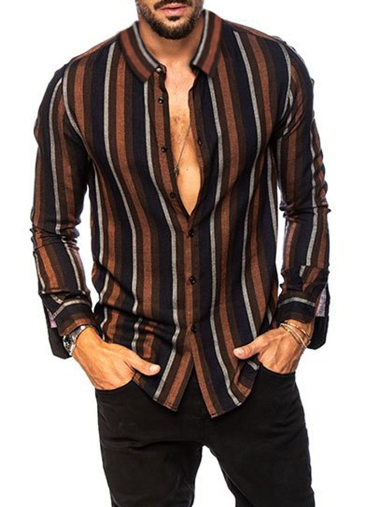 Lapel Stripe Print Enkelknäppt Casual Slim Shirt