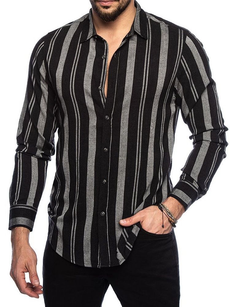 Lapel Stripe Print Enkelknäppt Casual Slim Shirt