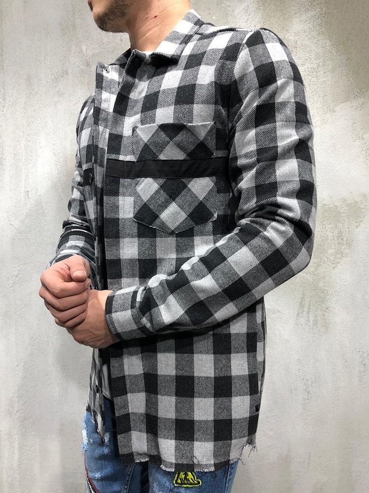 Rutig Lapel Patchwork Enkelknäppt Höstskjorta