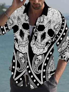 Tiktok Lapel Print Skull Slim Sommar Shirt