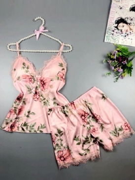 Lace Floral Satin Pyjamas Camisole Short Sets Loungewear