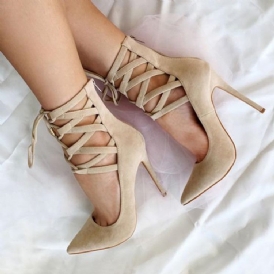 Beige Cross Strap Pointed Toe Pumps