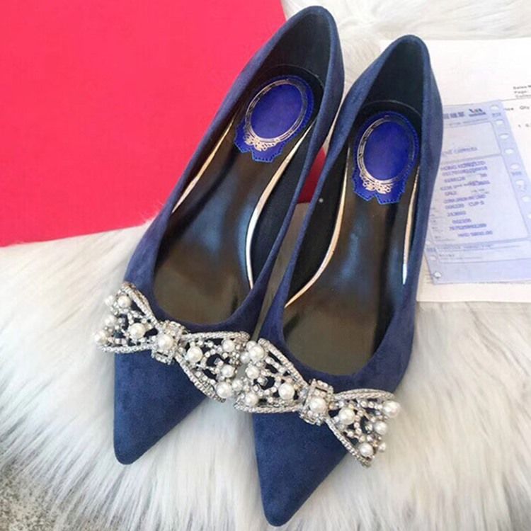 Bowknot Beads Slip-On Spetsig Tå Chunky Heel Dam Pumps