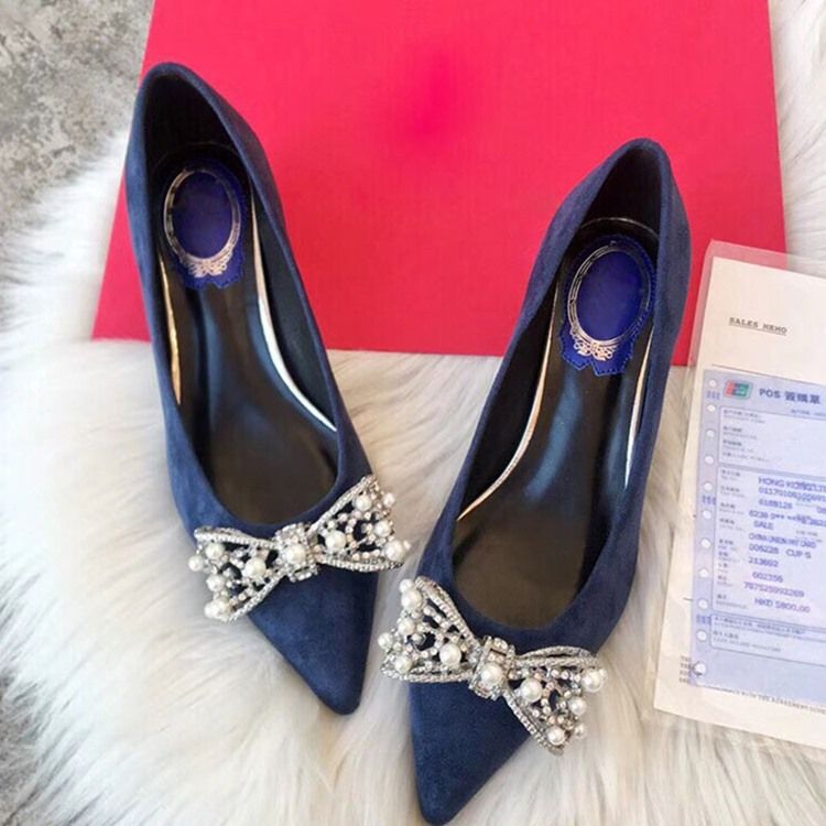 Bowknot Beads Slip-On Spetsig Tå Chunky Heel Dam Pumps