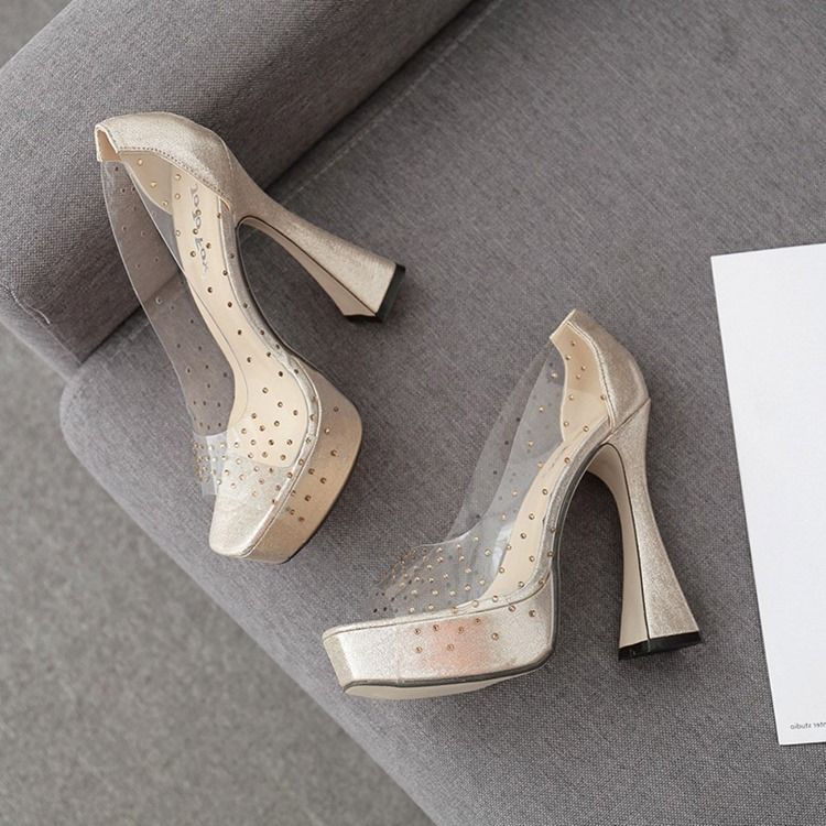 Rhinestone Peep Toe Chunky Heel Casual Pumps