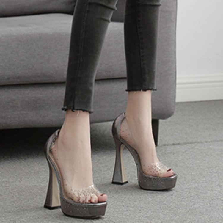 Rhinestone Peep Toe Chunky Heel Casual Pumps