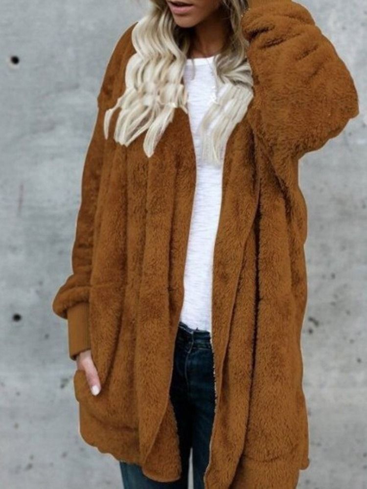 Huva Vanlig Mellanlång Vinter Slim Faux Fur Overcoat