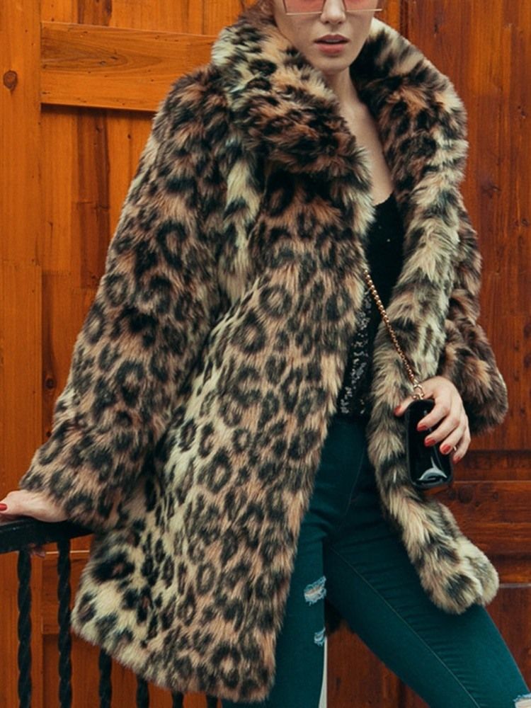 Lapel Medellånga Leopard Vinter Lös Dam Faux Fur Overcoat