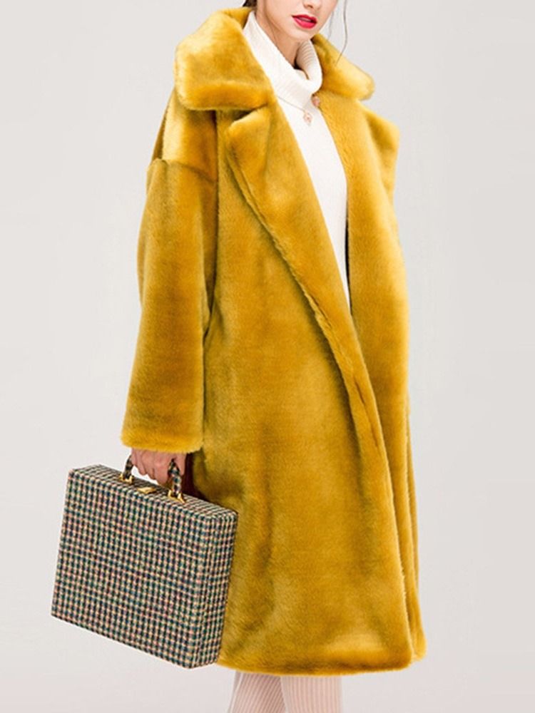 Vanlig Lång Lapel Fall Rak Faux Fur Overcoat