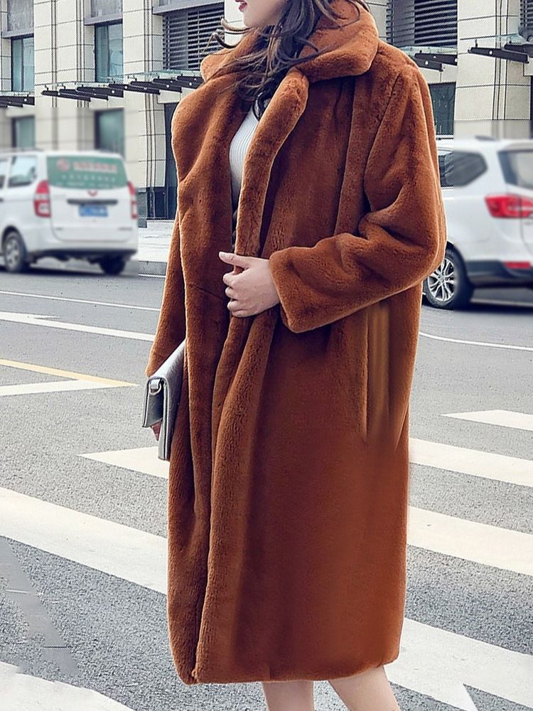 Vanlig Lång Lapel Fall Rak Faux Fur Overcoat