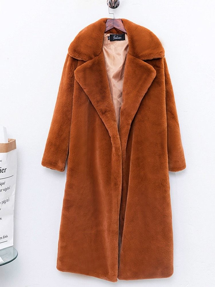 Vanlig Lång Lapel Fall Rak Faux Fur Overcoat