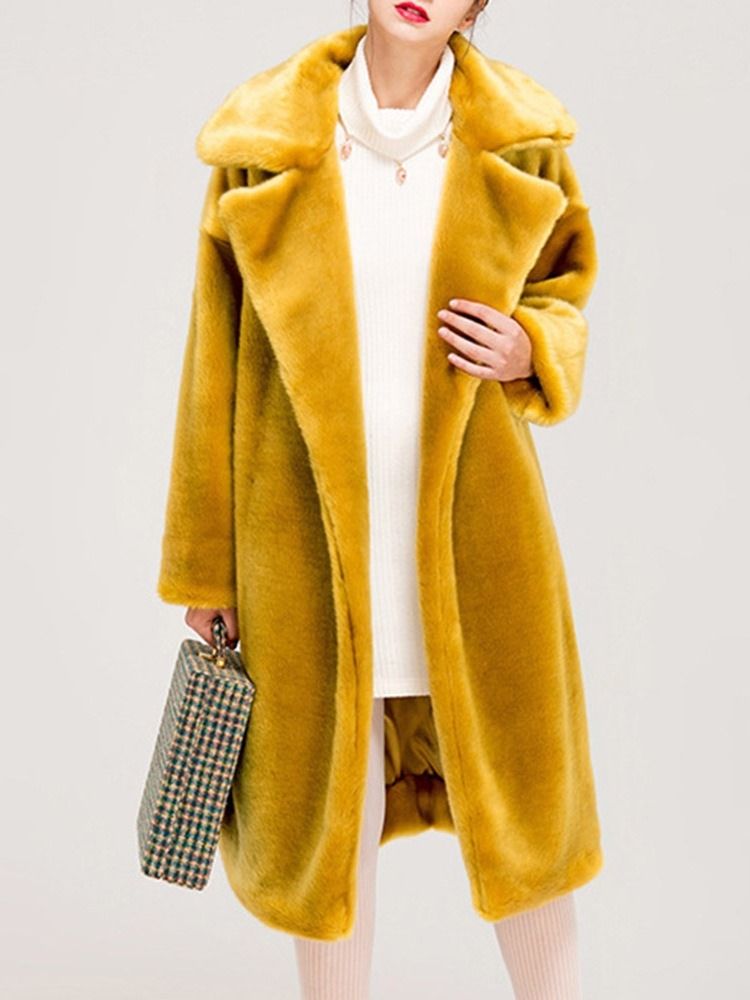 Vanlig Lång Lapel Fall Rak Faux Fur Overcoat