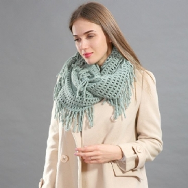 Pure Color Stickning Hollow Out Tofs Scarf För Kvinnor