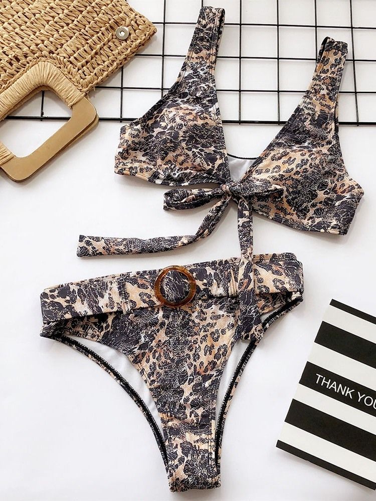 Color Block Leopard Print Bikini Set Badkläder