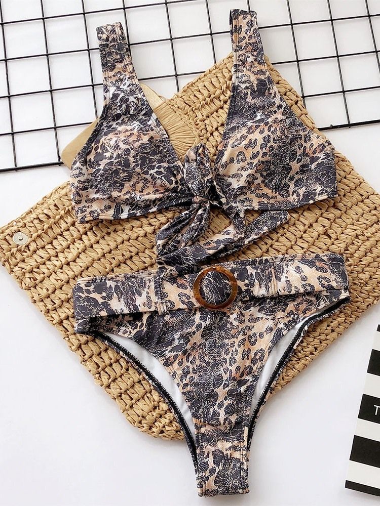 Color Block Leopard Print Bikini Set Badkläder