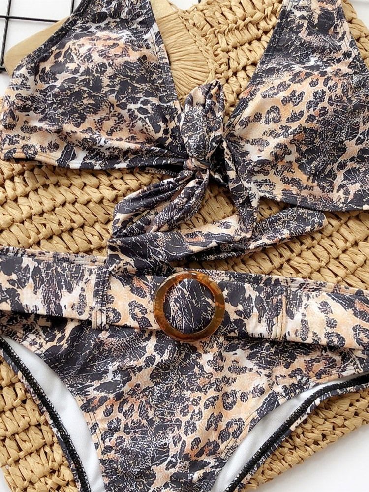 Color Block Leopard Print Bikini Set Badkläder