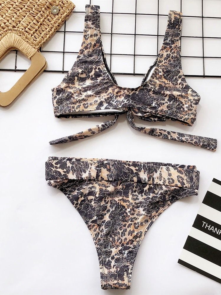 Color Block Leopard Print Bikini Set Badkläder