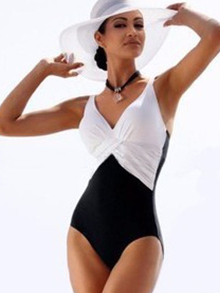 Elegant Colour Block Plisserad Monokini