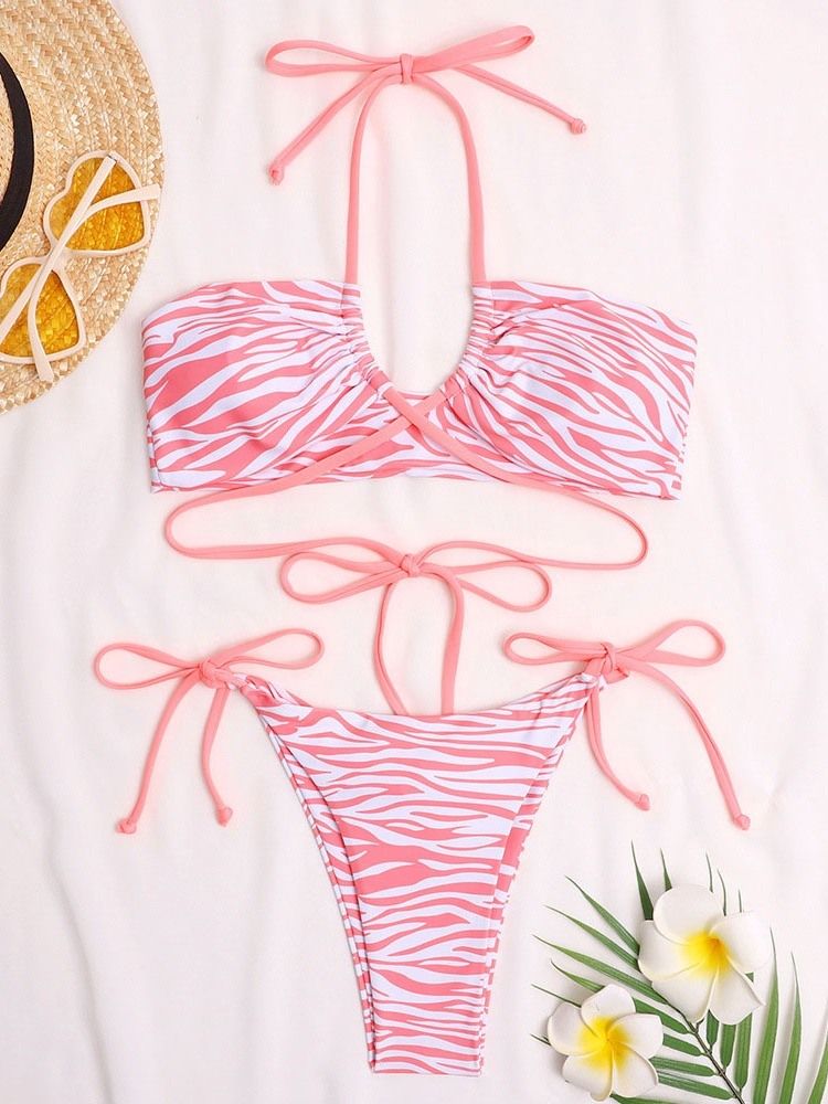 Sexig Lace-Up Zebra Stripe Badkläder Bikini