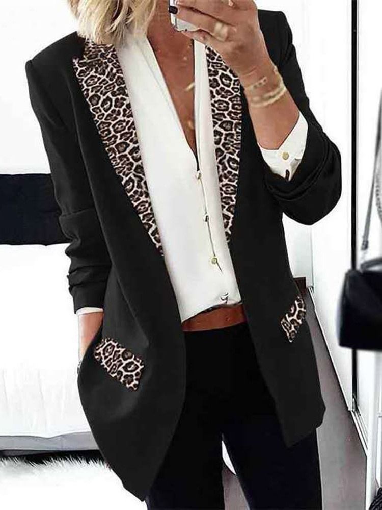 Långärmad Leopard Naggad Lapel Office Lady Dam Blazer