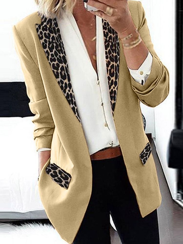 Långärmad Leopard Naggad Lapel Office Lady Dam Blazer