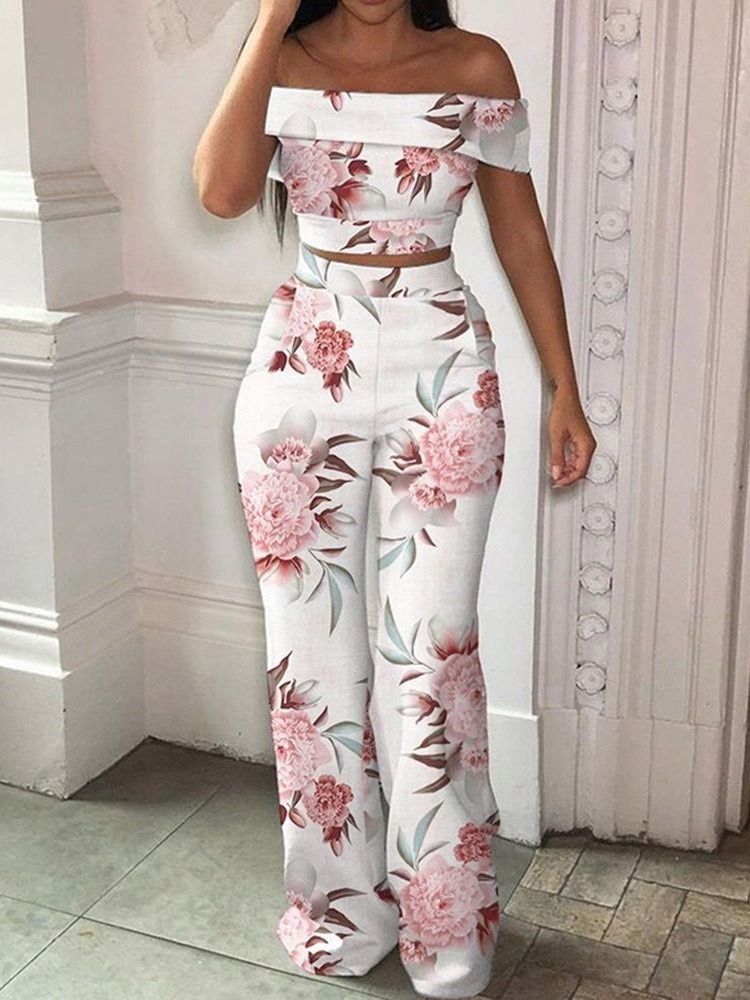 Fashion Floral Shirt Pullover Off Shoulder Tvådelad Set