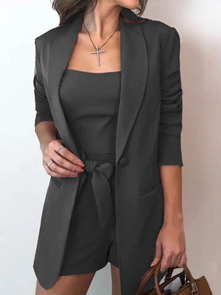 Pocket Plain Coat One Button Rak Dams Tvådelade Set