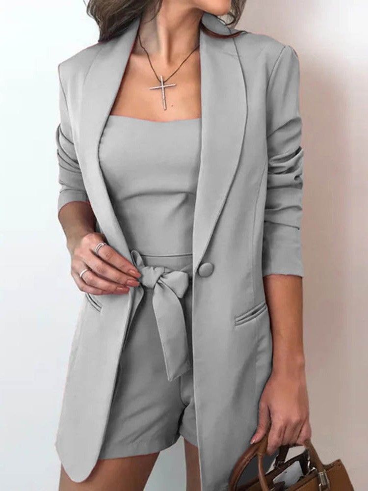 Pocket Plain Coat One Button Rak Dams Tvådelade Set