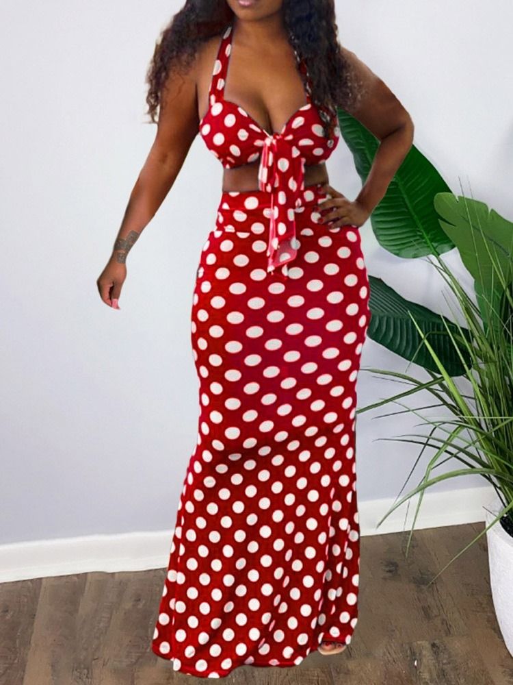 Polka Dots Sexiga Patchwork Bodycon Tvådelade Set För Kvinnor