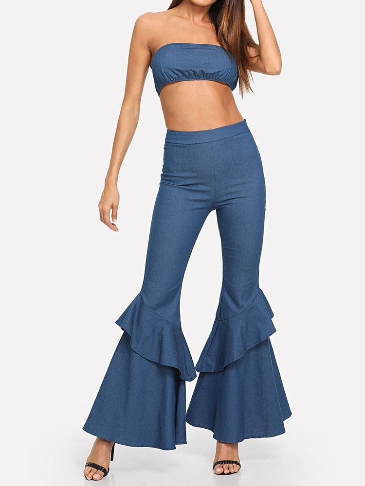 Sexiga Byxor Backless Bellbottoms Pullover Tvådelad Set Denim Byxor Set